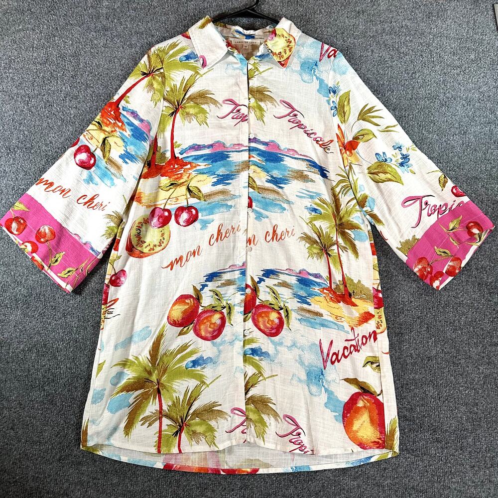 Label of Love Dress M Linen Blend Tropical Cherry Fruit Print Vacation Resort